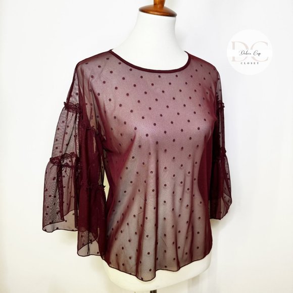 EXPRESS Polka Dot Mesh Top In Burgundy Size S - Picture 3 of 10